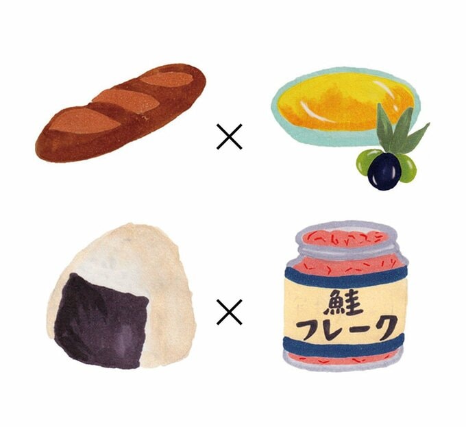 パンとオリーブオイル、おにぎりと鮭フレーク