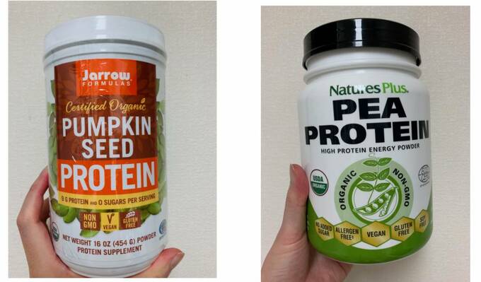 左がカボチャの種のプロテイン、右がエンドウ豆のプロテイン