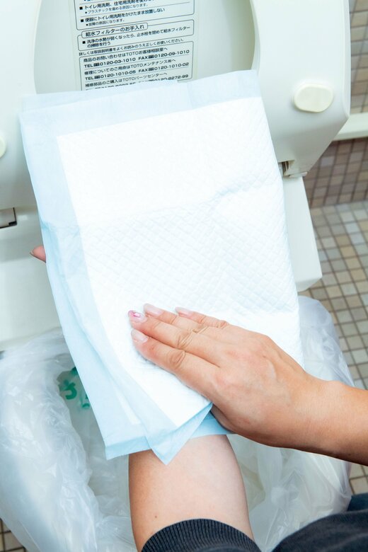 ペットシーツをトイレにかぶせている