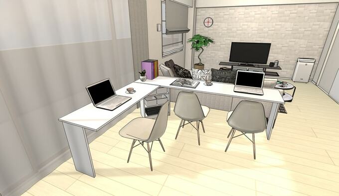 L字型のテレワークスペースの場合、コーナー部分に収納を置くとジャマにならない