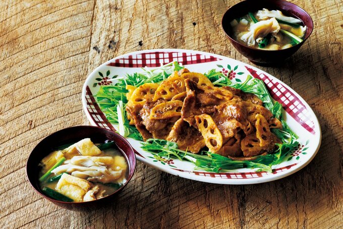 豚肉とレンコンのスタミナ炒め/マイタケとちぎり油揚げのみそ汁