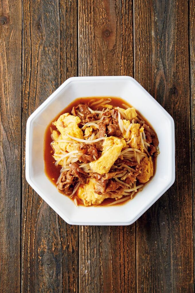 豚こまとモヤシのふわたまソースあんかけ