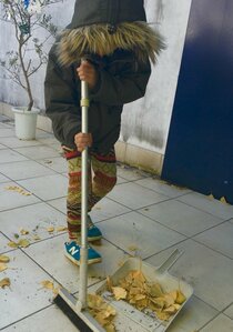 ラスに舞うイチョウを掃きそうじ