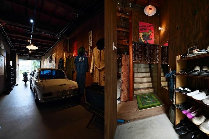 ガレージと入口右手の階段