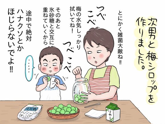 二男に怒られつつも、梅シロップづくりは成功
