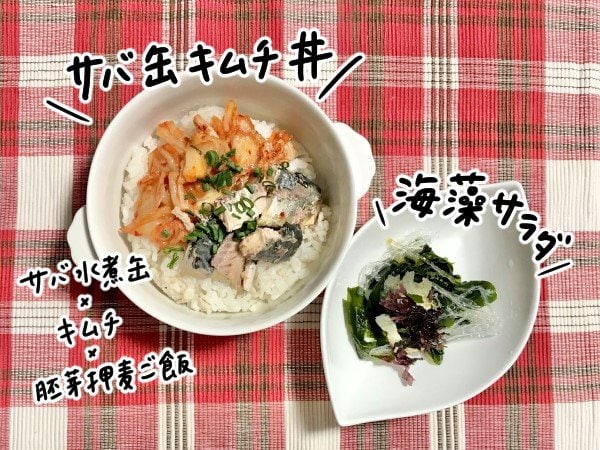 サバ缶キムチ丼(胚芽押麦入りご飯)、海藻サラダ