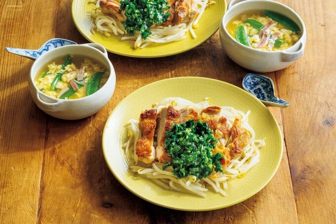 豚肉と菜の花の塩昆布卵炒めをメインにした献立