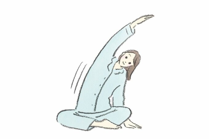 水色のパジャマを着た女性が体側ストレッチをするイラスト