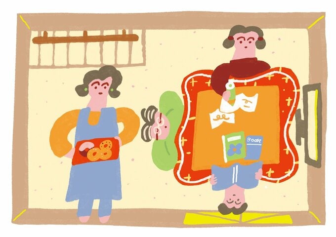 家族がリビングに集まっているイラスト