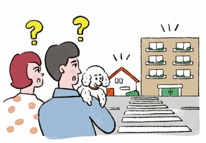 マンションと一戸建てで悩むイラスト