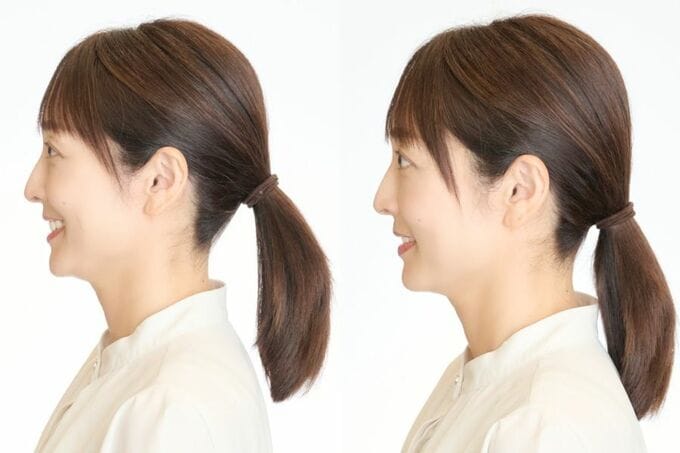 左:普通に結ぶと量が多い人は結んだ毛束がしっぽのように浮いてしまう。右:結び方をひと工夫すると浮かずに落ちついた一つ結びになる
