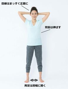 両足を肩幅に開き背筋を伸ばして立つ