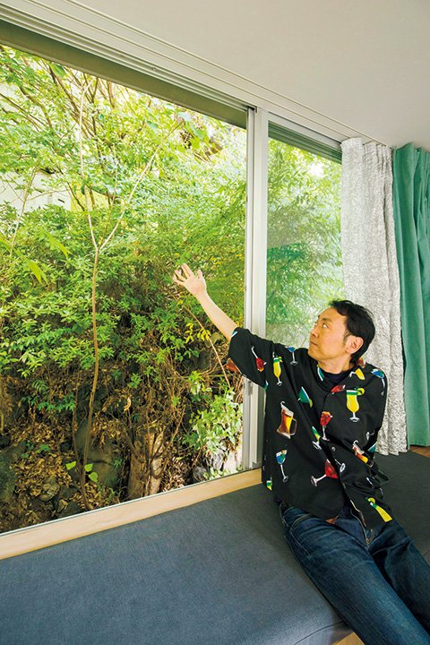 窓を開け、思わず樹木に手を伸ばしてみる田中さん