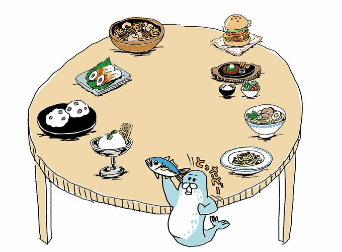 食卓に並ぶ料理とアザラシが魚を持つイラスト