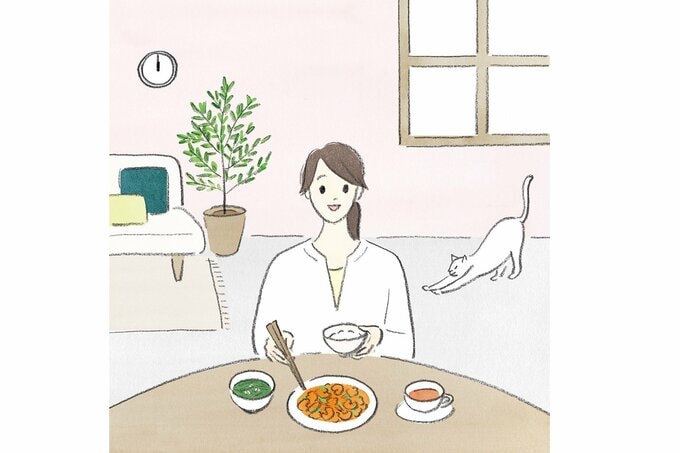 部屋で食事をする女性のイラスト