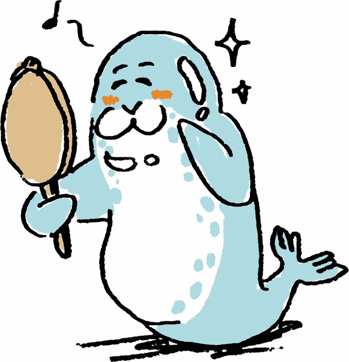 笑顔で鏡を見るアザラシのイラスト