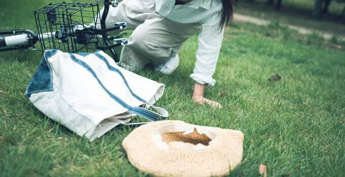 転んで荷物が地面に散乱する様子