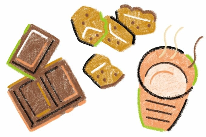 チョコレート、黒砂糖、お湯割りのお酒のイラスト