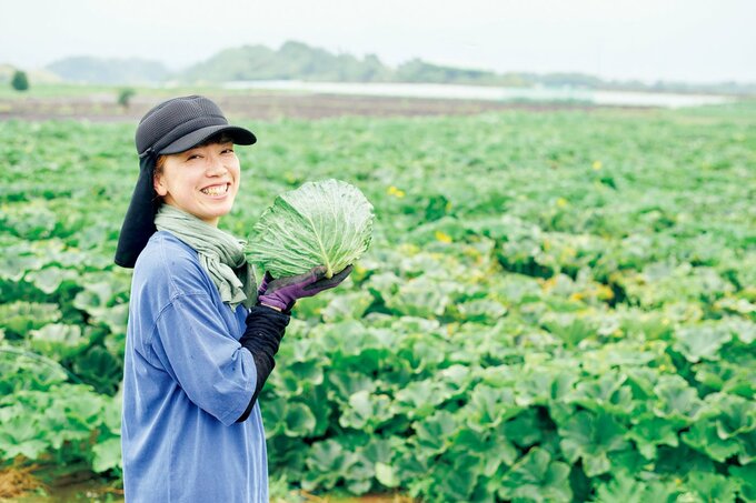 畑でキャベツを持つ丹澤優美子さん