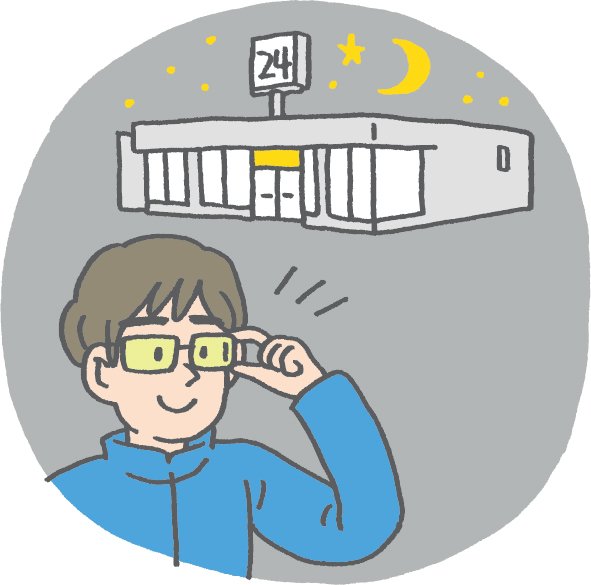 コンビニとメガネをかける男性