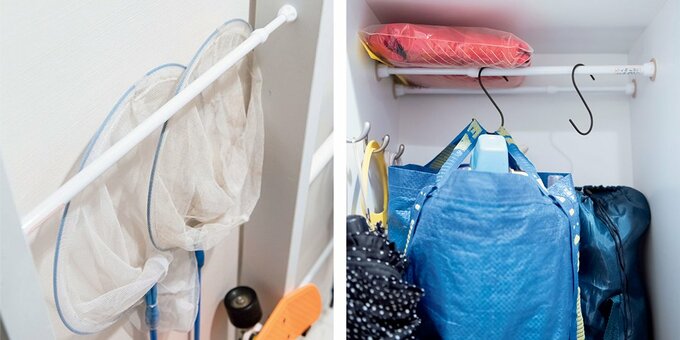 つっぱり棒で虫捕りアミを押さえたりS字フックをかけたりする