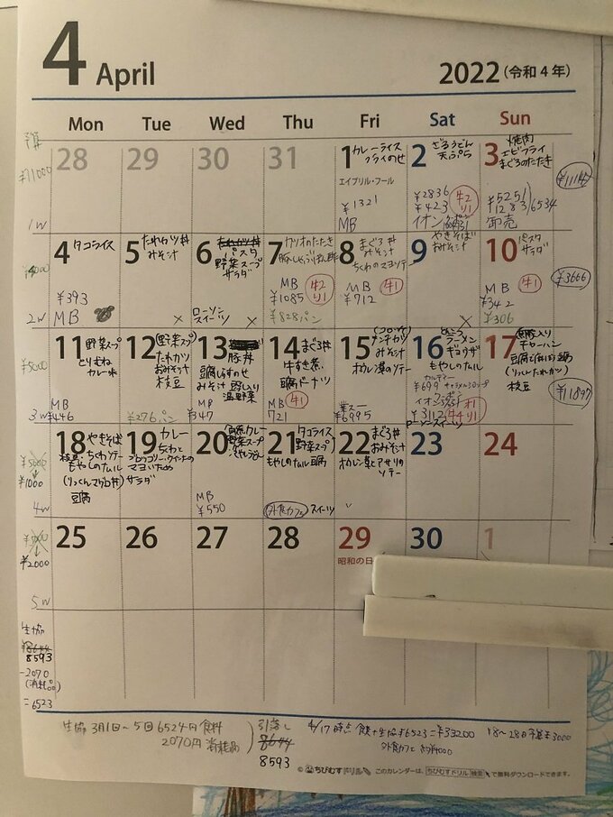 カレンダーに書いて節約