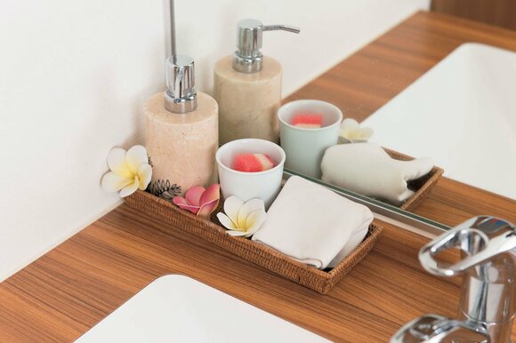 スポンジとクロスをトレーにまとめて洗面台磨き