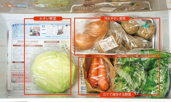 野菜に合わせて紙袋やケースで仕分けて保存されている下段