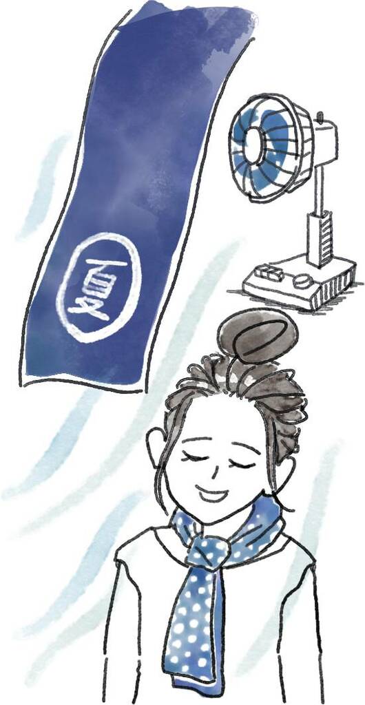 扇風機の前に濡らした手ぬぐいを下げる