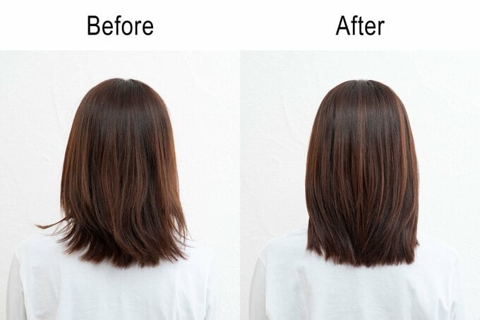 女性の髪の毛をケアする前と後の写真が左右に並んでいる。後ろ姿。左側の写真がbeforeで、毛先が特にうねっている。右側の写真はafterで、すとんとうねりがない。