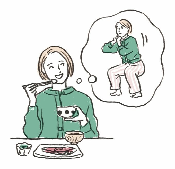 運動のことを考えながら食事をしている女性のイラスト