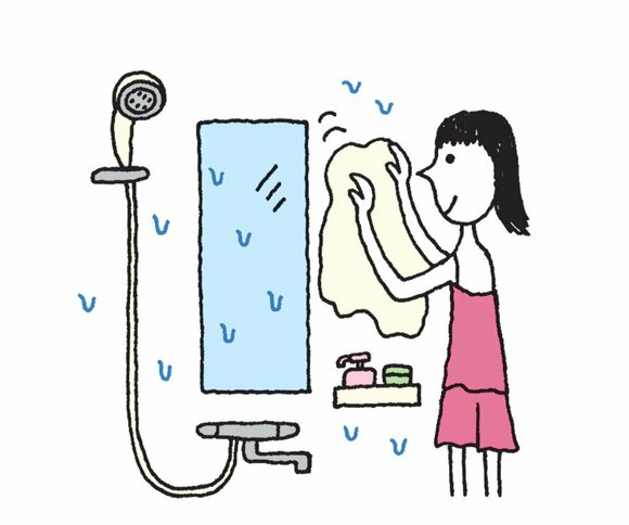お風呂に入ったあと、体をふいたタオルで浴室内の水気をオフ