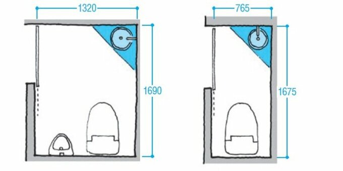 隅角タイプの手洗い器をつけた例