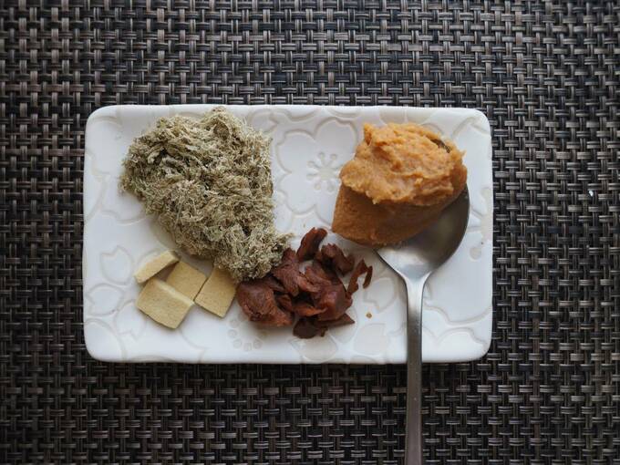 お皿にとろろとみそなど