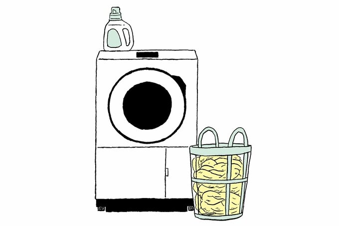 洗濯機と洗濯かごと洗剤のイラスト