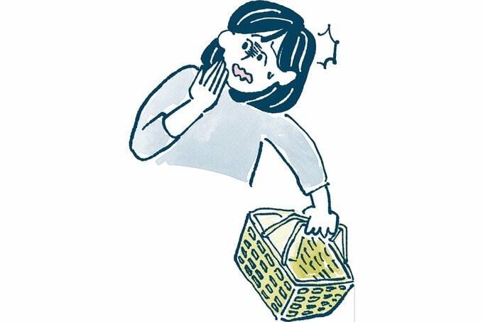 女性が買い物かごをもって驚くイラスト
