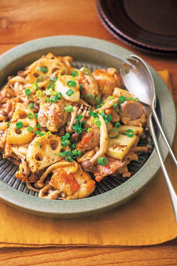 シメジと鶏肉のマスタードマヨ炒め