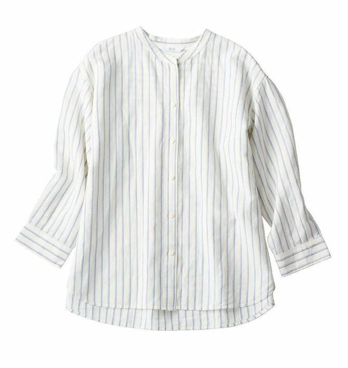 ユニクロのリネンブレンドストライプバンドカラーシャツ